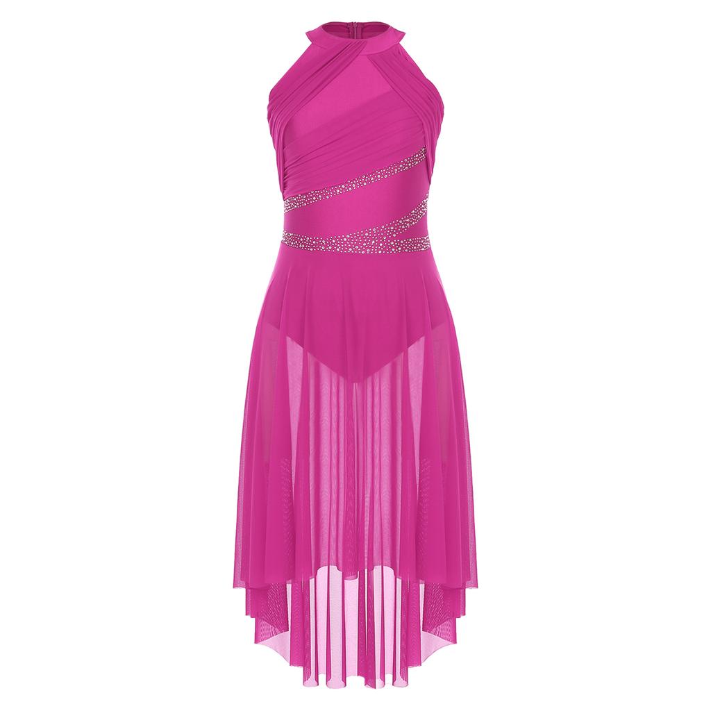 Женское лирическое танцевальное платье без рукавов с асимметричным подолом, сверкающими стразами, присборенным дизайном, платье для выступления