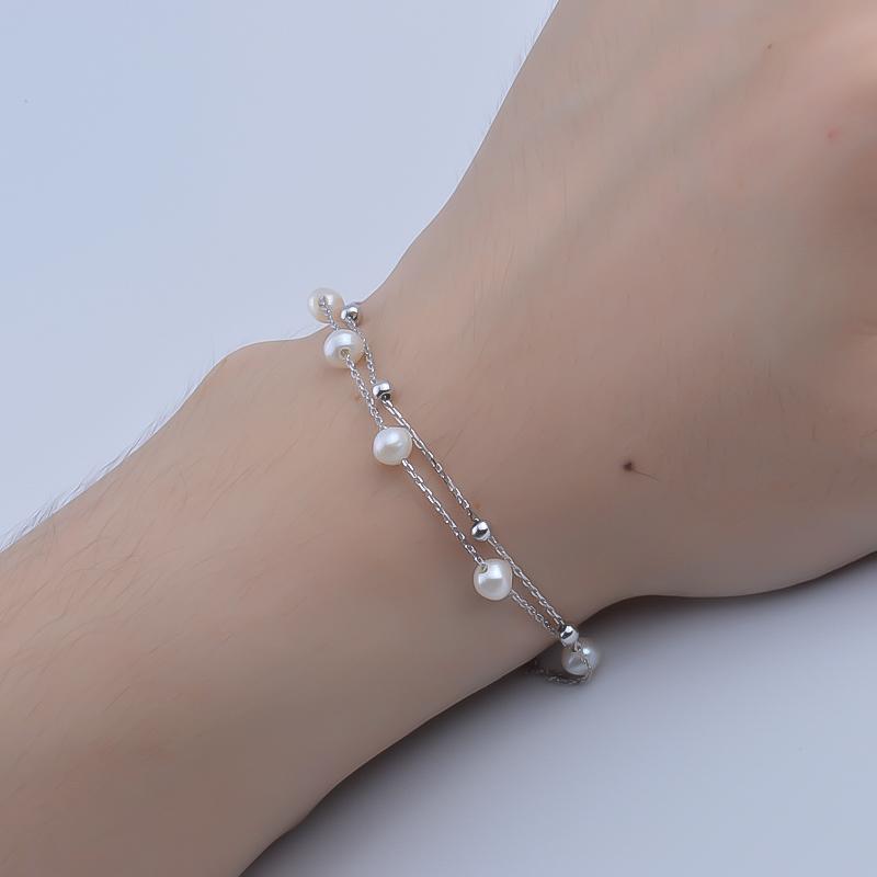Pekurr Double Chain 925 Sterling Silver 4 .5mm Round Natural Freshwater Pearl Wrist Bracelet For Women 7 Beads Jewelry Bangles