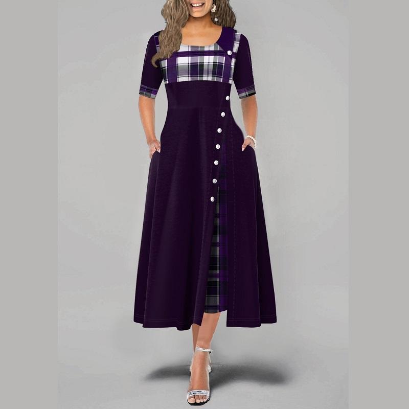 Женское модное элегантное длинное платье с коротким рукавом и клетчатым принтом на пуговицах, макси-платье