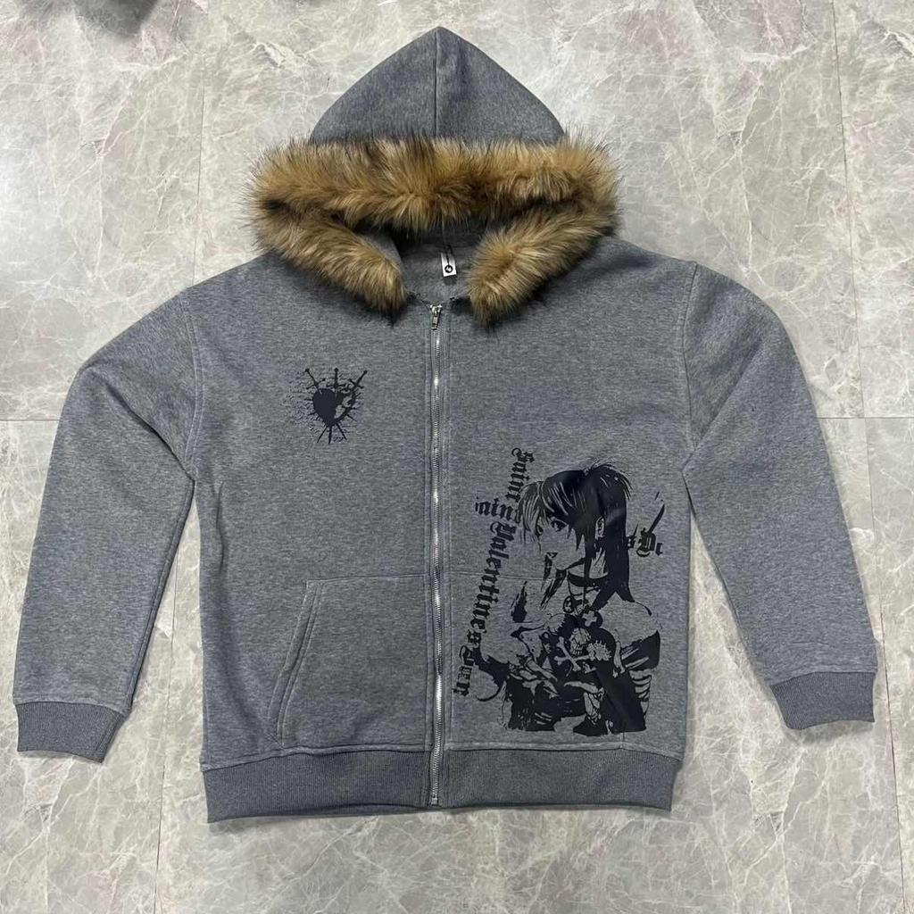 BeatStreet Осень/Зима Y2k Женские Эстетичные Харадзюку Толстовки с Капюшоном и Воротником из Искусственного Меха Одежда Графические Хип-Хоп Панк Готические Толстовки на Молнии