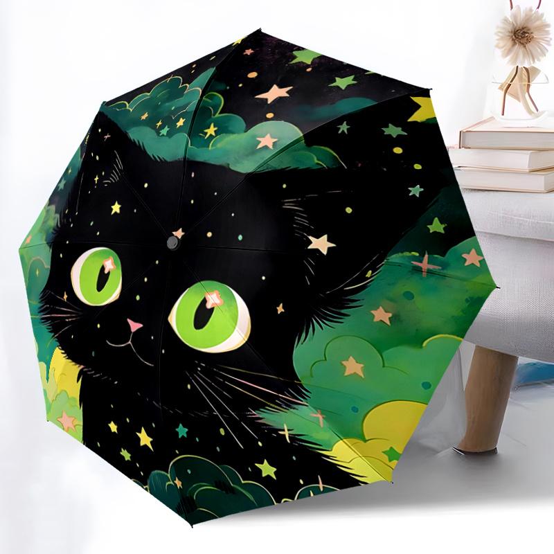 1pc Cartoon Star Cat Automatic Open/CloseUmbrella-CuteUmbrella with Cute Design, Portable 3-Fold Compact Umbrella for Men & Women, Valentine