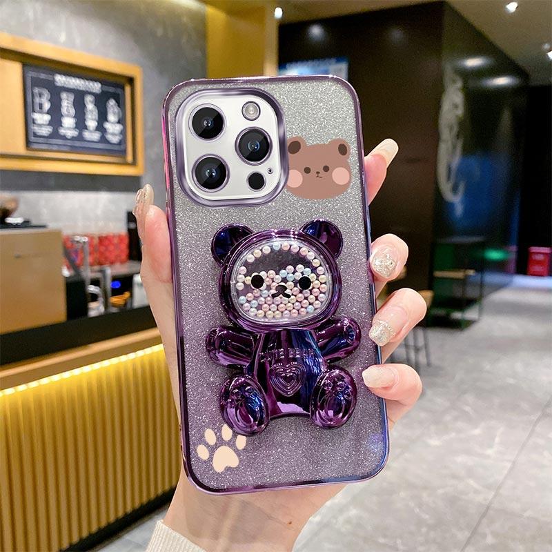 15Pro 14Pro Glitter Bling Bear Phone Holder Case For iPhone 15 14 13 12 11 Xs Pro Max Mini X XR Apple 6 6s 7 8 Plus Stand Cover
