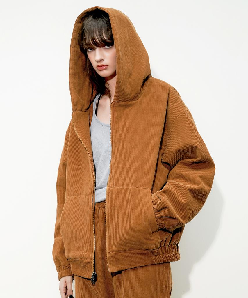 Untage Cotton Corduroy Oversized Zip-Up Hoodie [Brown(Unisex)]_Uto-Fh92