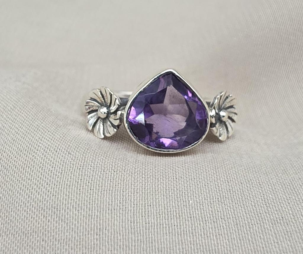 Amethyst Flower Ring, Sterling Silver Floral Boho Ring