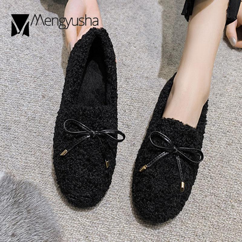 Модные туфли Butterfly-Knot из меха ягненка на плоской подошве женские мокасины из шерсти и меха балетки зимние хлопковые туфли для женщин теплые плюшевые мокасины из флиса