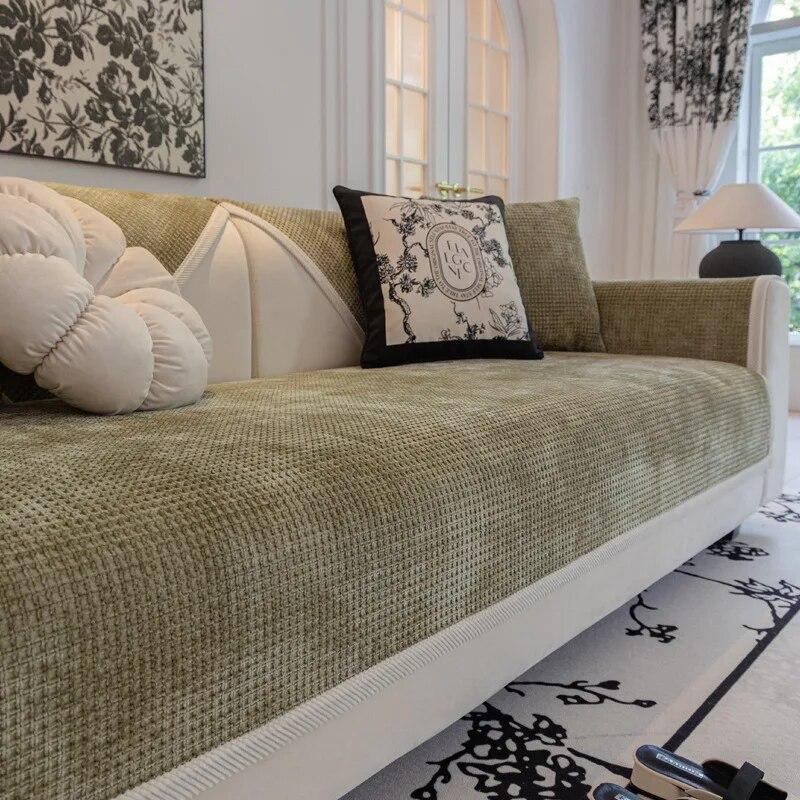 Waffle Chenille Sofa Cushion Non-Slip Plaid Backrest Armrest Towel Universal Living Room Four Seasons Simple