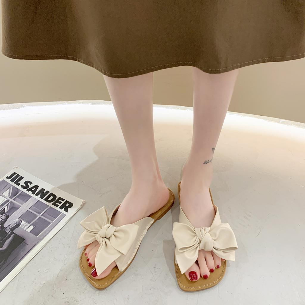 Новые женские летние модные фанерные тапочки с галстуком-бабочкой, милые нескользящие сандалии с плоской подошвой