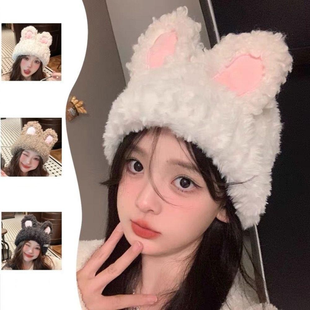 Elastic Rabbit Ear Beanies Solid Color Winter Outdoor Warm Cap Knitted Plush Hat Autumn Winter