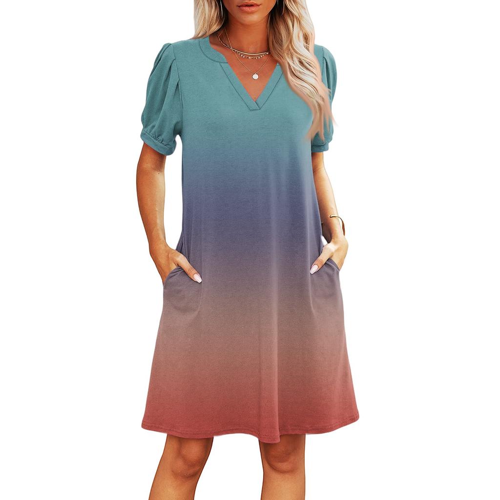 Women's Summer V-Neck Casual Beach Dresses Pod Short Sleeve Gradient Printed Dresses