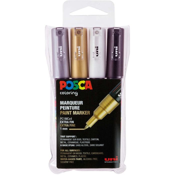 Набор из 4 маркеров - POSCA - PC1MC - Несмываемые - Сверхтонкий наконечник - Черный, Белый, Серебристый, Золотой