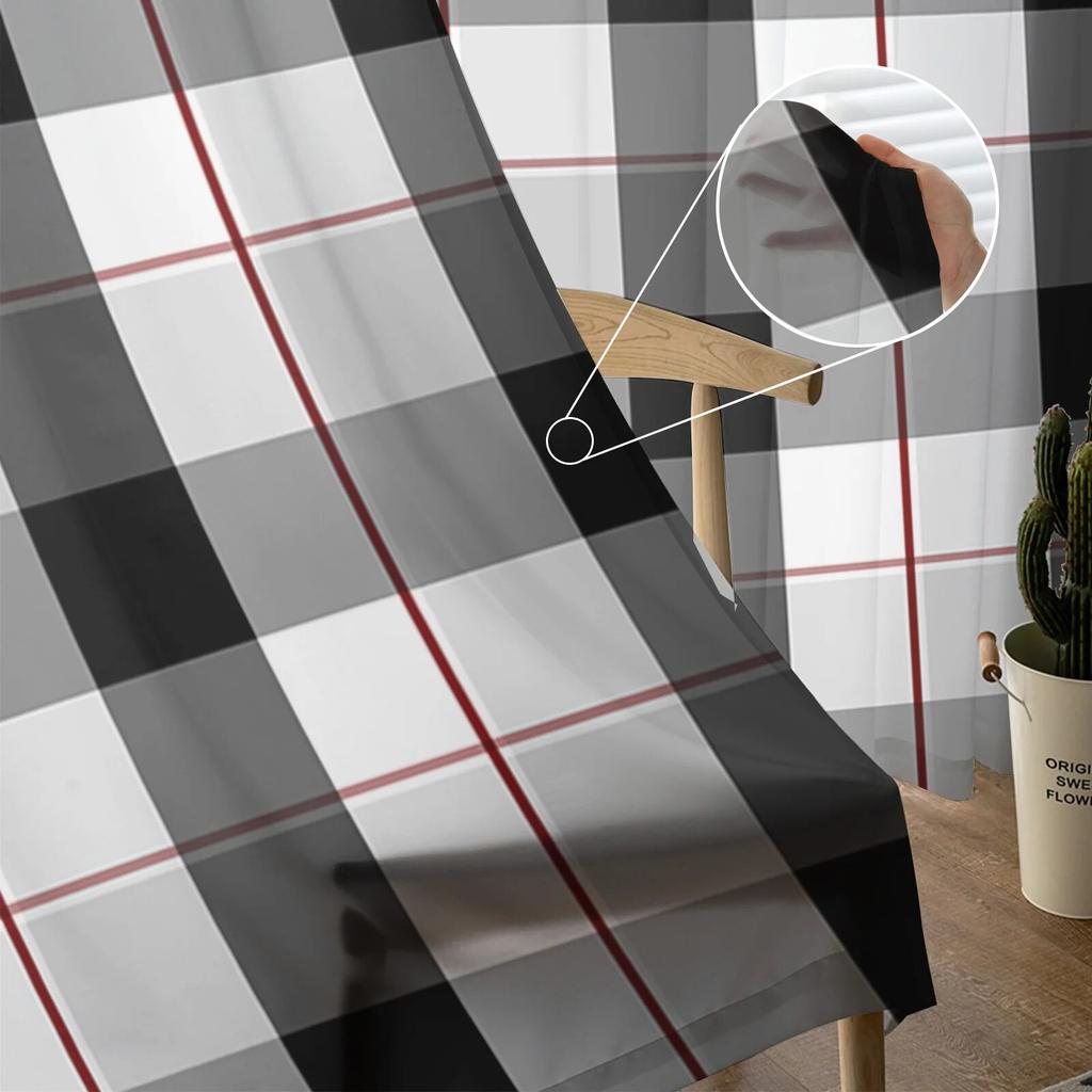 Black Grey Plaid Tulle Curtains For Living Room Bedroom Modern Chiffon Sheer Kitchen Curtains