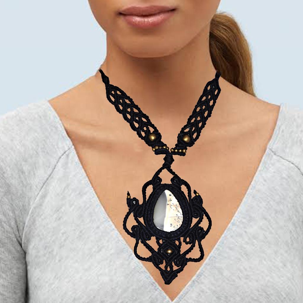 Macrame Opal Handmade Necklace Thread Gemstone Dendrite Pendant Jewelry