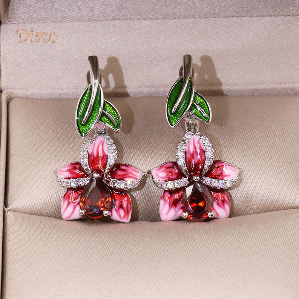 Diamonding Jewelry Chic Women Enamel Leaf Flower Pendant Crystal Stone Inlaid Leverback Earrings