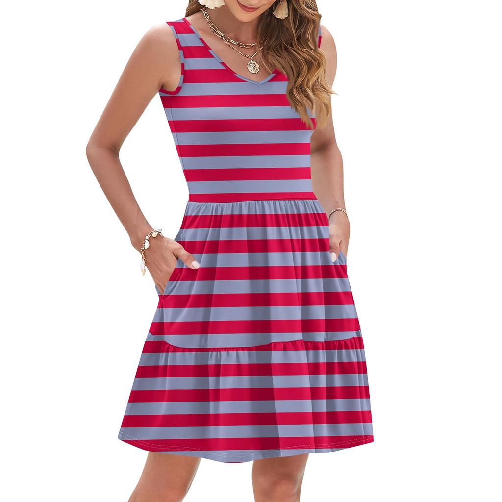 Women's Summer Fashion Casual V-neck Pleated Patchwork Striped Print Sleeveless Pocket Vest Dress