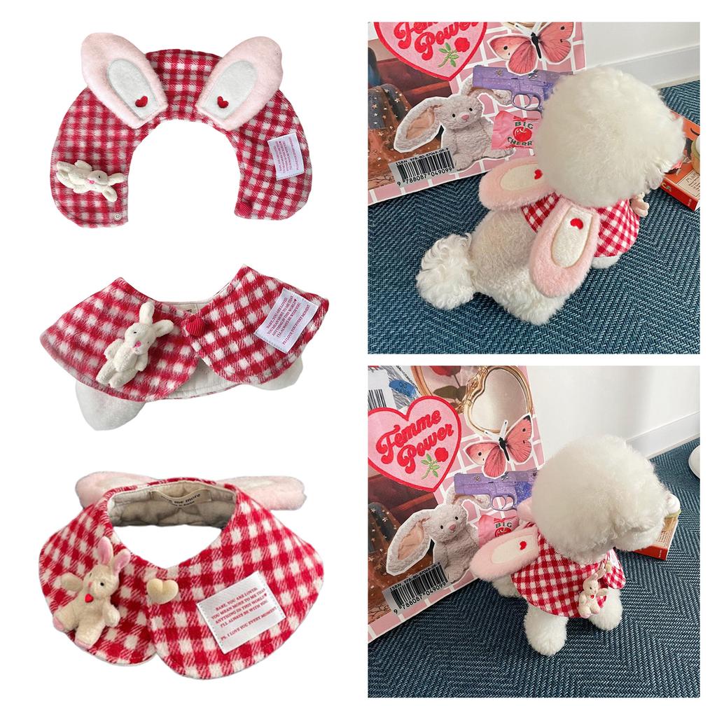 Plush Rabbit Ear Kitten Saliva Towel Lattice Pattern Scarf Adjustable Cat Dog Bandana Puppy Collar Pet Winter Cloak