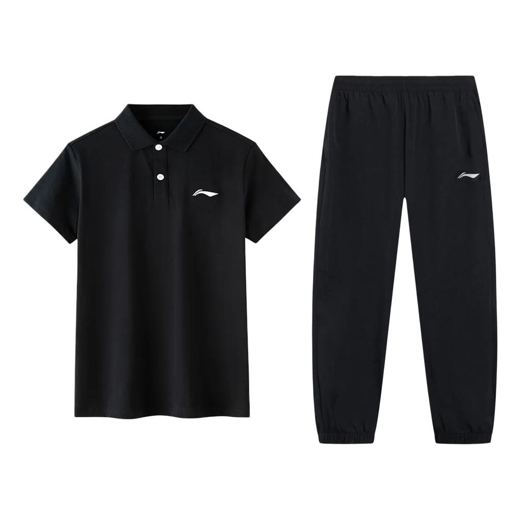 Li-Ning Летняя рубашка-поло Хлопок Короткий рукав Длинные брюки Манжета Быстросохнущий Дышащий Прохладный Однотонный Повседневный Спортивный костюм Мужской костюм APLW829-1+AYKT415-1