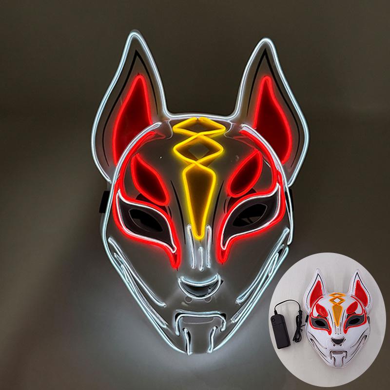 Japanese Kabuki Fox LED Mask Neon Light Up Full Face Mask Anime Cosplay Costume Halloween Carnival Festival Haunted House Props