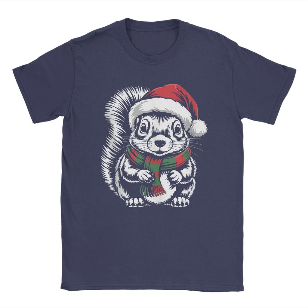 Leisure Squirrel Xmas Santa Hat Scarf Christmas T-Shirts for Men Crew Neck 100 Cotton T Shirts Short Sleeve Tees Plus Size Tops
