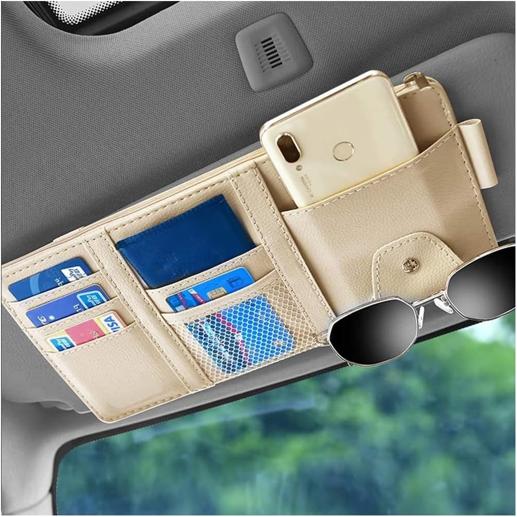 Car Sun Visor Organizer, Auto Car Interior Leather Accessories Storage Pocket Sun Visor Pouch Case Bag for Card License Registration Pen Mobile Phone