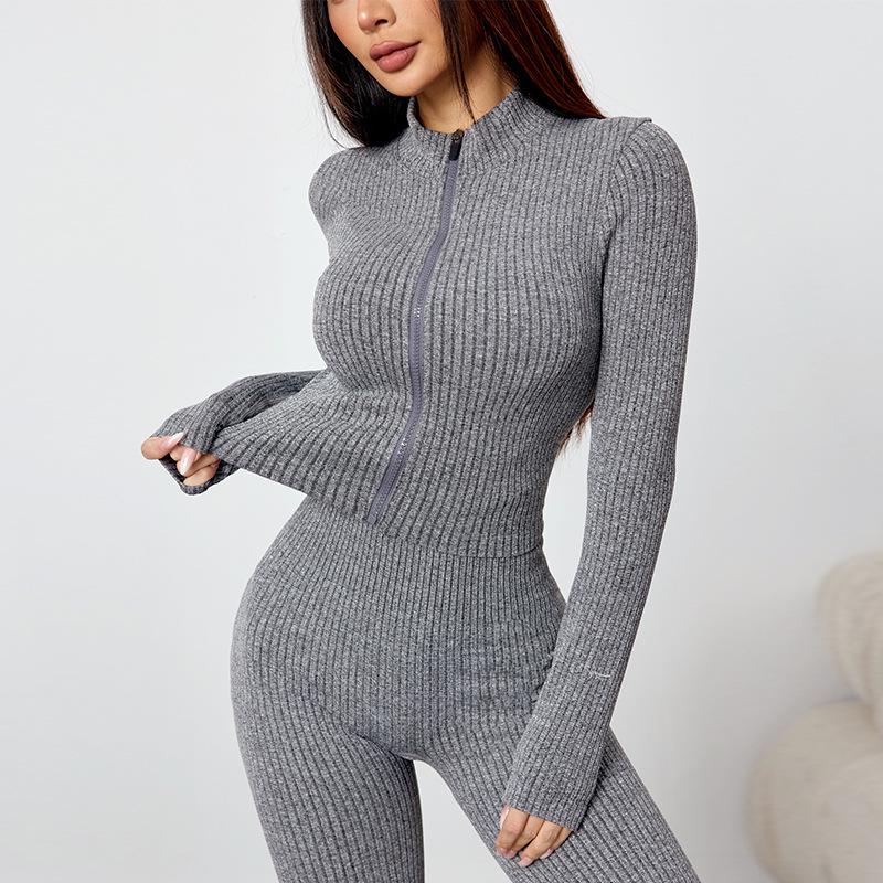 Женский ribbed set для йоги на молнии: Приталенный костюм из двух частей на осень и зиму - Идеально подходит для бега, спорта и повседневной носки