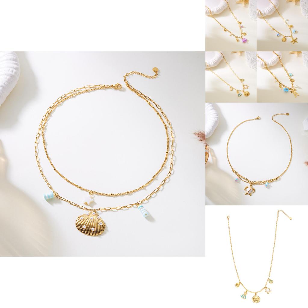 Summer Vacation Style Multilayer Stainless Steel Butterfly Sun Pendant Necklace For Women