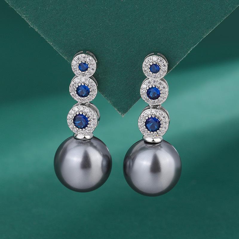 Серьги-гвоздики с микрозакрепкой из голубого циркония в серебре S925, женские индивидуальные украшения, серьги с белым жемчугом в виде ракушки, роскошные серьги с жемчугом в стиле «темперамент»
