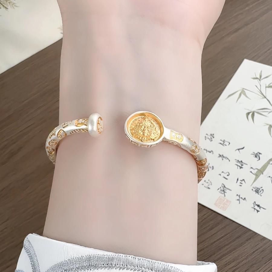 9999 Sterling Silver Hand-Painted Gold Chinese Open Bracelet with Auspicious Words for Women