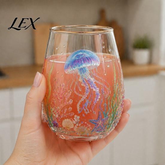 Functional Collectible Glass Cup Ocean-Themed Cup, Jellyfish/Dolphins/Sea Turtles/Octopus Hand-Painted, Thickened Drinking Decorative Ocean Style Gift
