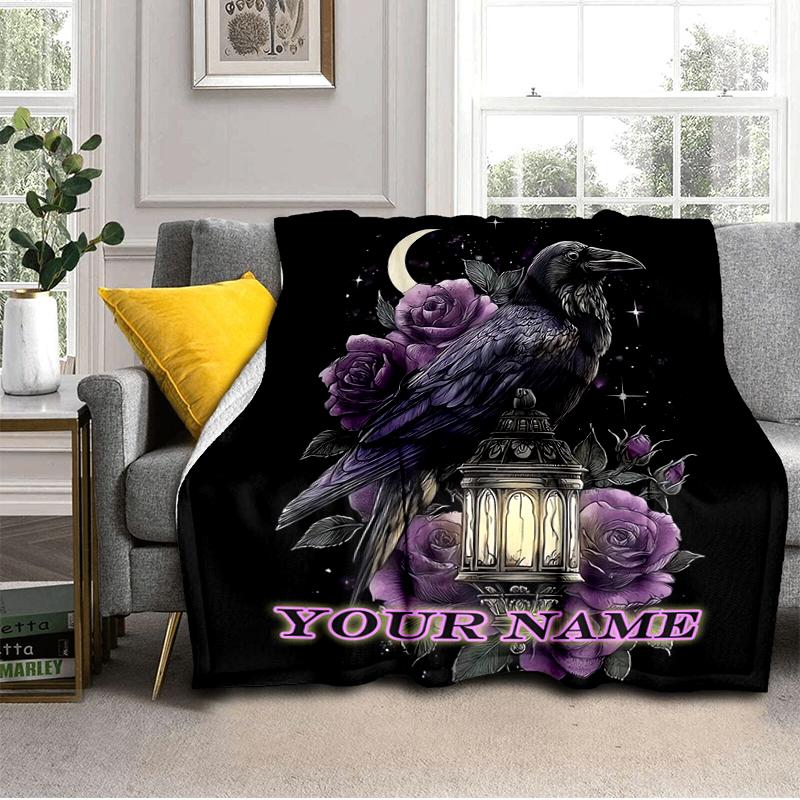 1PC Custom Name Raven Roses Night blanket versatile,all-season throw suitable for the living room,bedroom,camping,travel,and gift