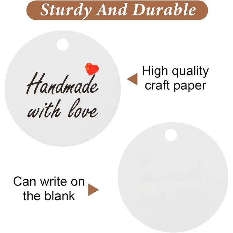 CYCLI-Handmade With Love 200Pcs White Paper Gift Labels, For Home Crafts, Candles Tins, Weddings With 1.2" Round Tags& Twine Str