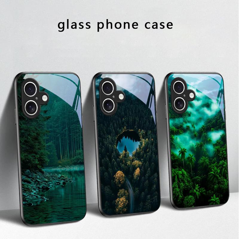 Рисунок «Лесной ручей» для iPhone 17 Air 16 E 15 Plus 14 Pro Max 13 12 mini 11 5 6 7 8 Plus XR XS Max SE Черный стеклянный чехол для телефона