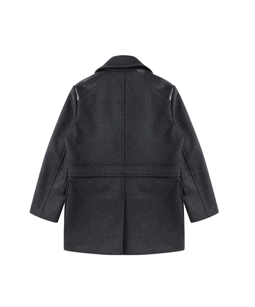Solew Double-Breasted Leather Patched Coat_Charcoal