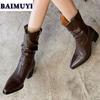 Ботильоны в стиле вестерн с острым носком, женские туфли челси на высоком каблуке, тренд 2025 года, зимние короткие плюшевые теплые зимние кожаные ботинки в готическом стиле Mujer