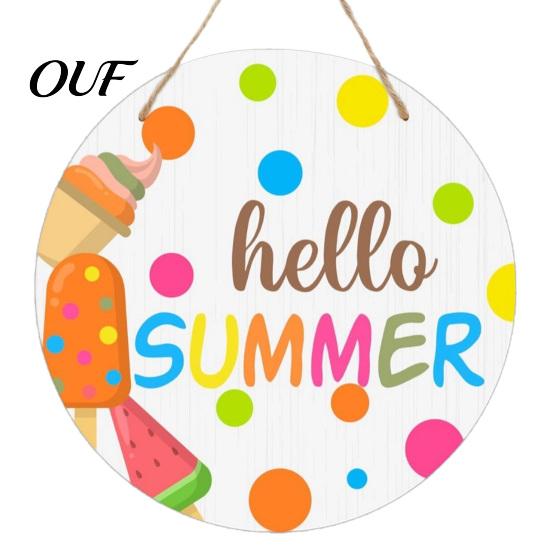 Summer Beach Welcome Sign Hello Door Sign, Ice Pop Flip Flop Hanger, Vacation Wall Art Farmhouse Hanging Wooden Wreath for Front Home Porch