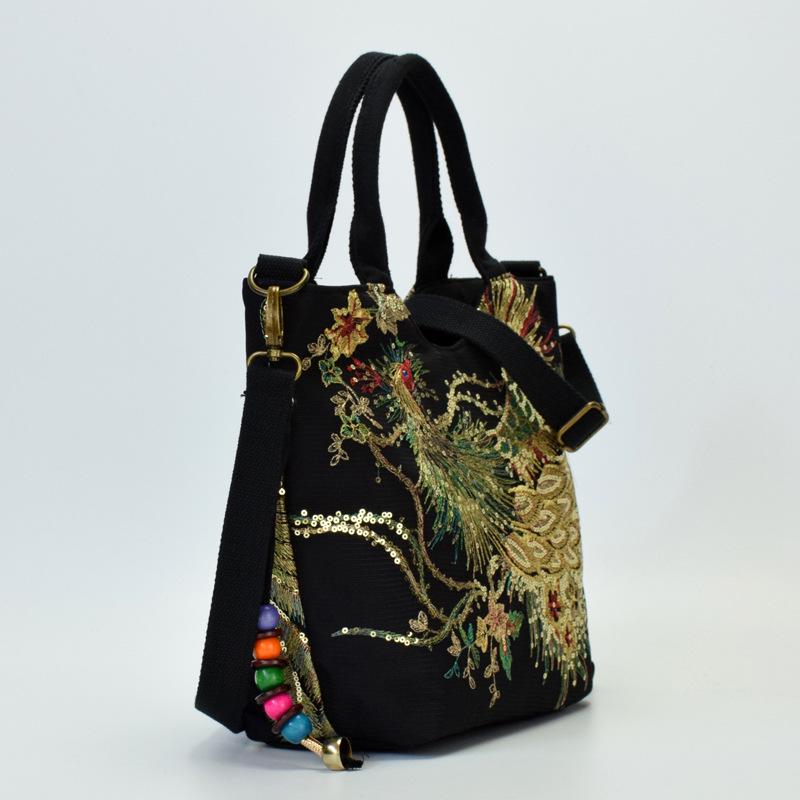 Yogodlns Women National Embroidery Canvas Zipper Handbag Peacock Stitch Shoulder Bag