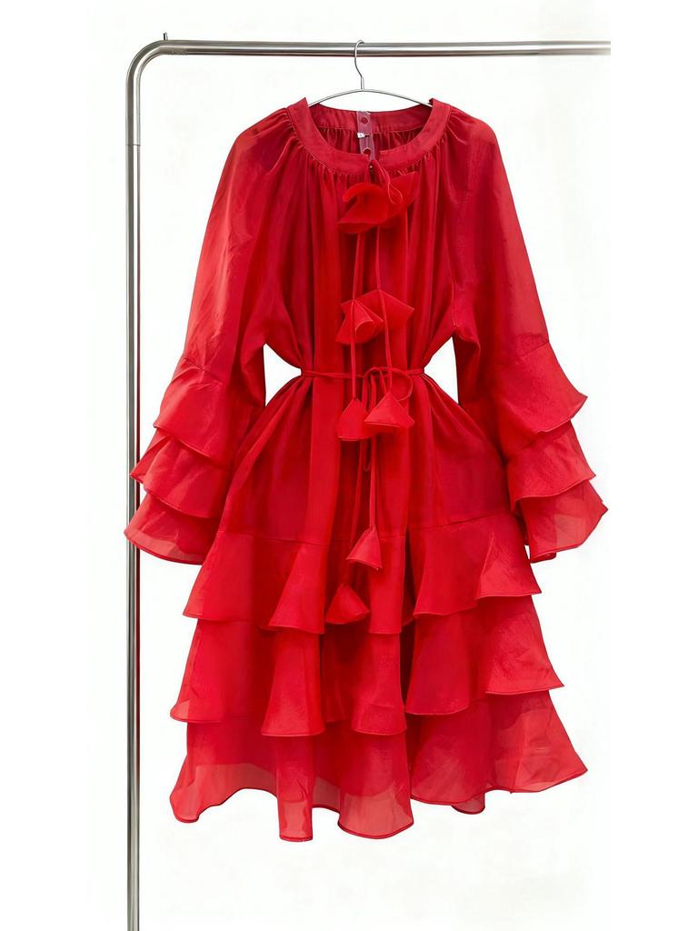 Vietnam Niche Design Multi-layer Ruffle Tie-neck Patchwork Flounce Skirt