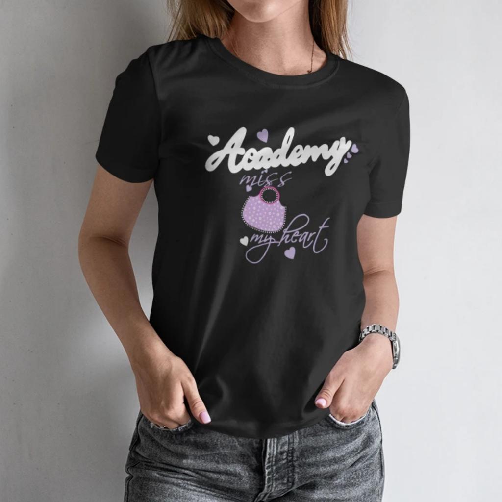 Sweet Women's Short Sleeve T Shirt“Academy Miss My Heart” Bag & Heart Print for a Nostalgic Summer