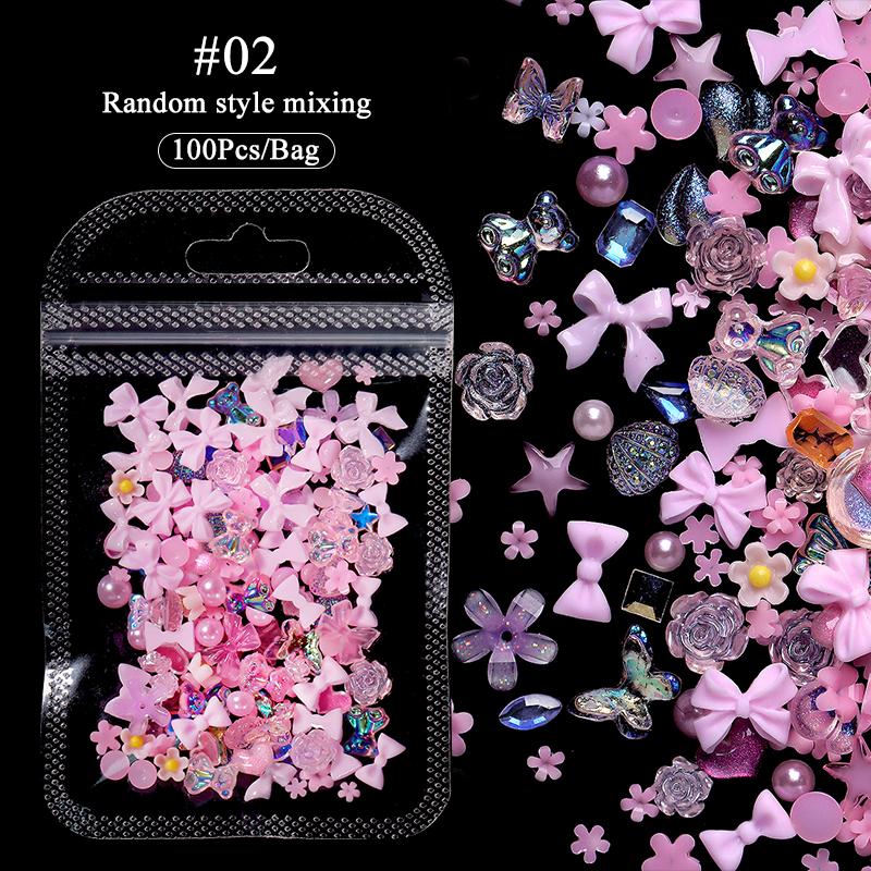 100Pcs Aurorals Nail Art Decoration Shell Pearl 3D Nail Charms Mixed Style Colorful Resin Butterfly Bowknot Manicure Nail Supply