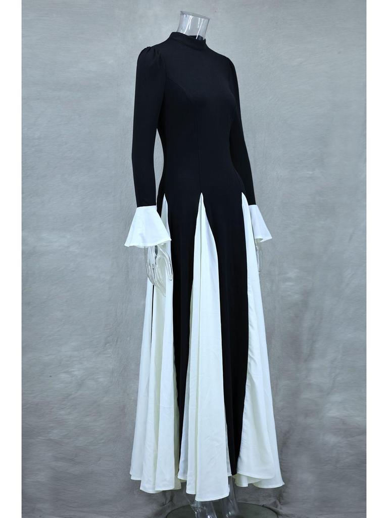 Осень/Зима 2024 Евро-американское черно-белое платье-свинг с длинным рукавом и оборками LX0105