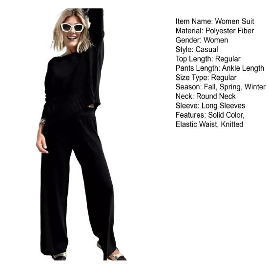 2 шт./комплект женский топ брюки костюм круглый вырез длинный рукав трикотажные сплошной