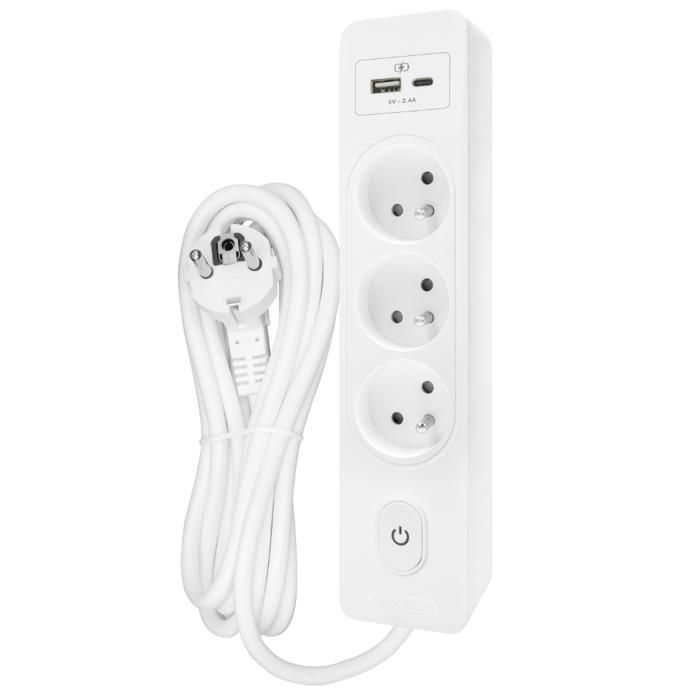 Multiprise SELDUR G3FU52B, 3 prises type E + interrupteur, USB A+C charge standard 12W, Blanc, câble 5m