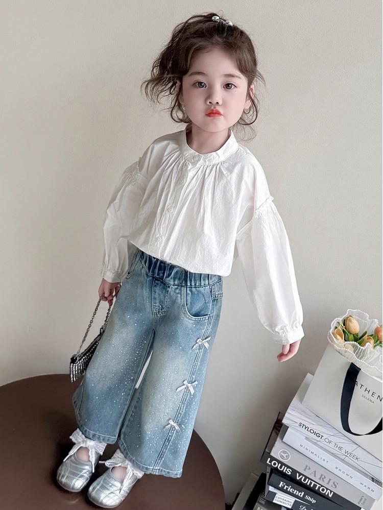 Girls' 2026 Spring Rhinestone Star Denim Jeans - Drapey Straight-Leg Casual Pants