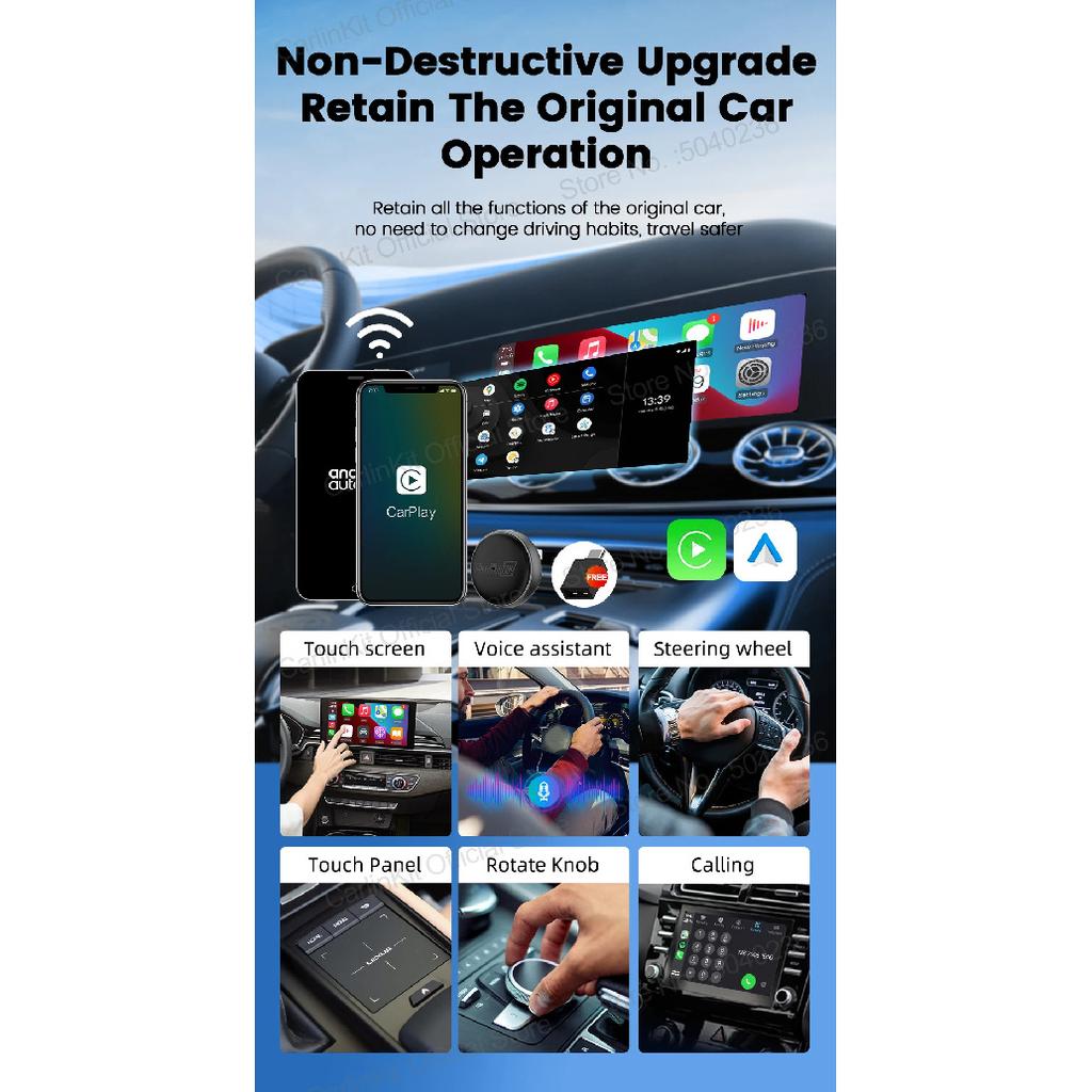 Мини-адаптер CarlinKit Mini Ultra 3 для беспроводного Android Auto и CarPlay, WiFi 2,4 ГГц и 5 ГГц, BLE, Автоматическое подключение, Обновление OTA, Мини-смарт-бокс для автомобиля