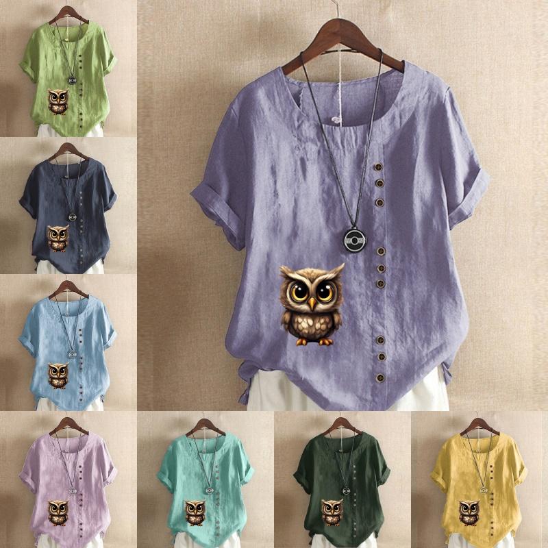 Women's Fashion Owl Prined Short Sleeve T-shirt Loose Cotton Shirt Casual Loose Summer Blouse Tops Plus Size