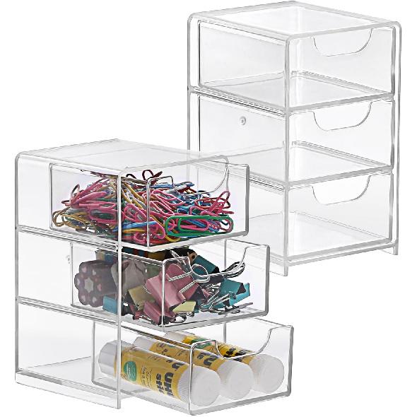 BTSKY 2 Pack Small Acrylic Storage Organizer with Drawers, 3-Layer Clear Desktop Organizer for Office Supplies Mini Storage Box with Drawers for