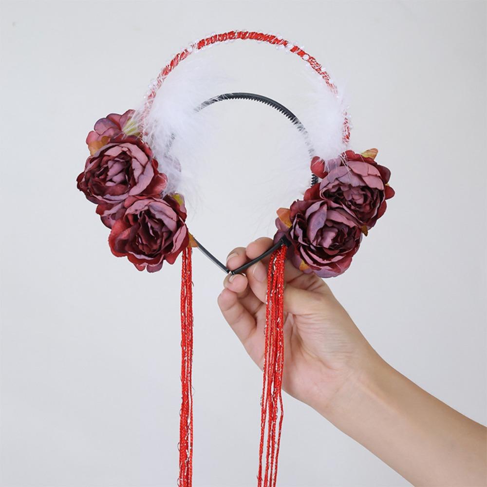 Ободок для волос с кисточками из бусин и перьев, аксессуары для волос для ханьфу, милая повязка на голову с цветами, для девочек