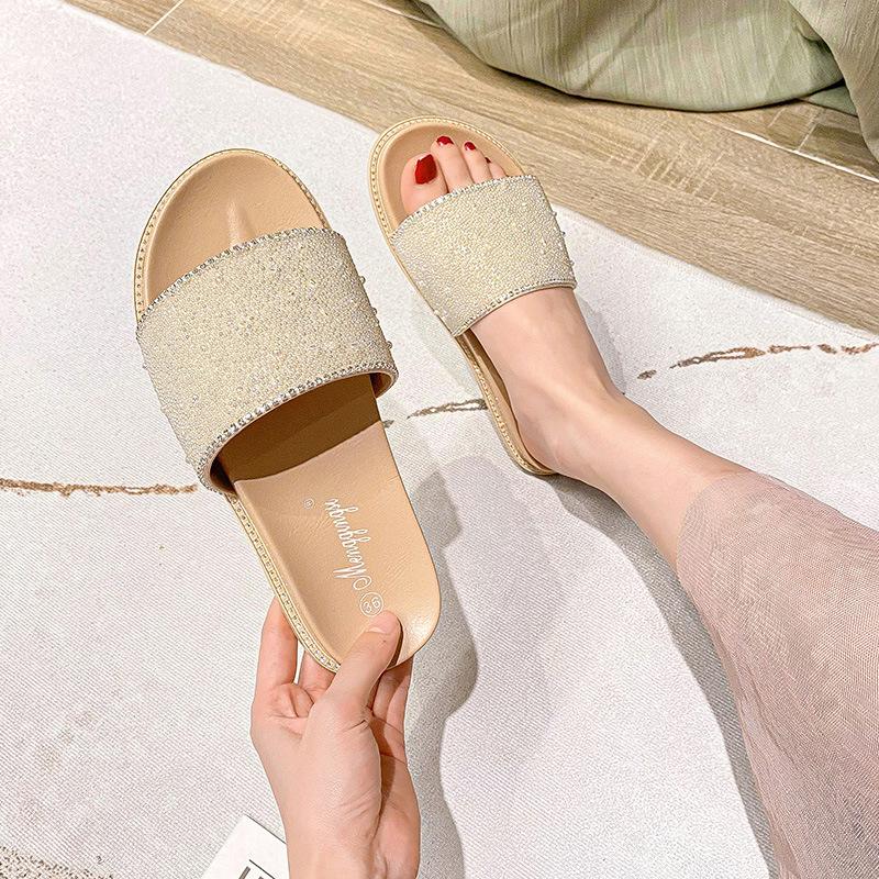 Женские летние тапочки для улицы, модные универсальные женские сандалии со стразами, на толстой подошве, ленивые шлепанцы на одно слово