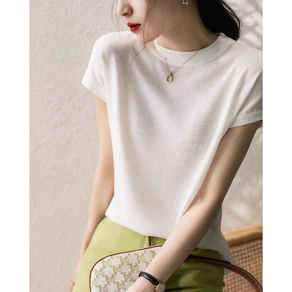 Женская летняя тонкая свободная футболка с круглым вырезом, однотонный трикотажный топ