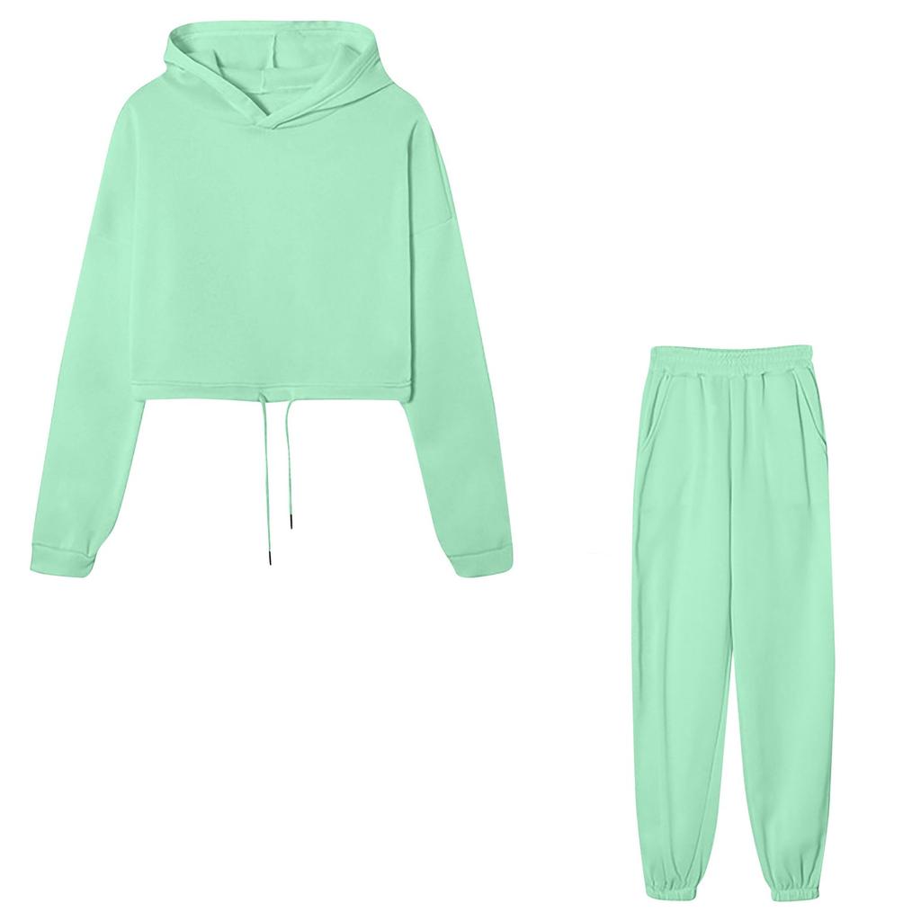 Женский спортивный модный однотонный повседневный комплект из двух предметов с капюшоном