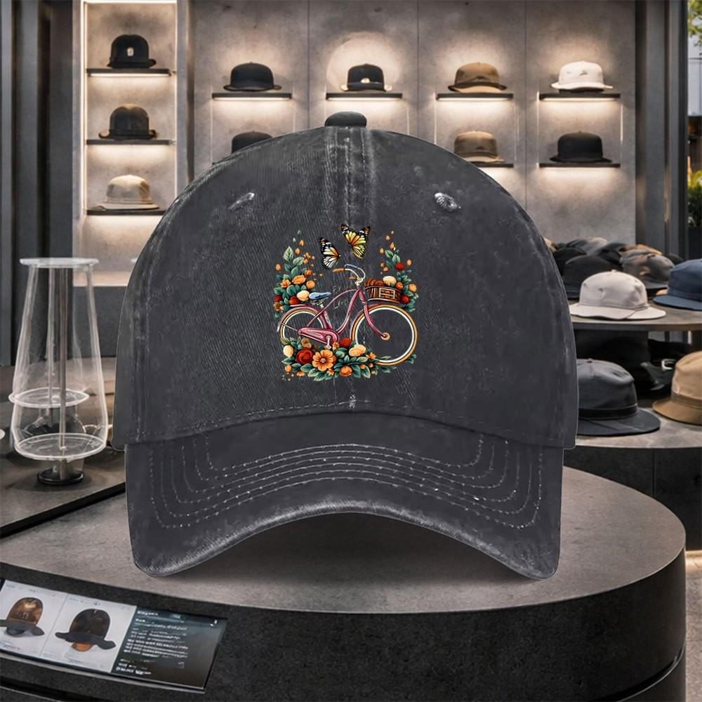 Bicycle Butterfly Floral Print Washed Denim Baseball Cap Adjustable Cotton Outdoor Sports Hat